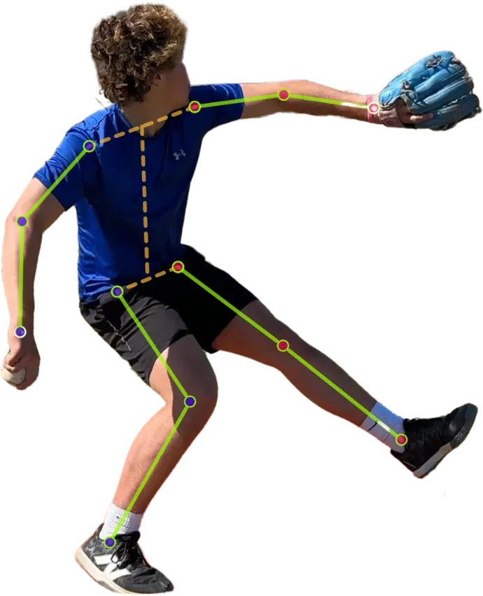 Player throwing with movement-analysis markers tracking joint angles and body alignment