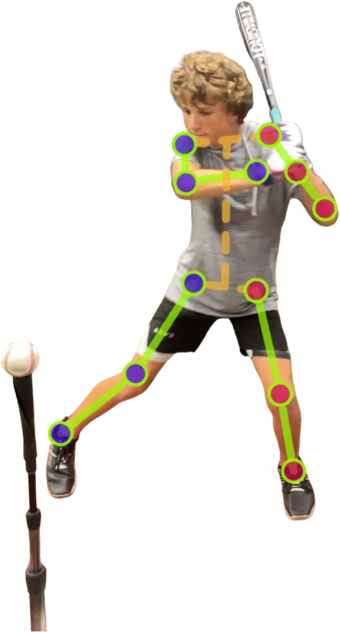 Hitter mid-swing with movement-analysis markers tracking joint angles and body alignment